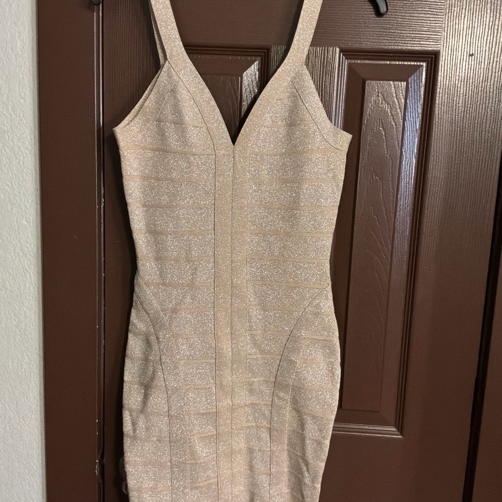 Guess Shimmer V-Neck Midi Dress in Champagne Gold